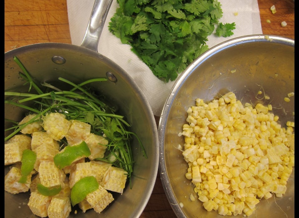 The Makings of Corncob-Cilantro-Lime Broth; Corn Kernels; Cilanro Leaves