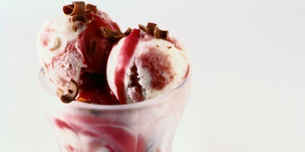 Strawberry yoghurt ice cream & strawberry sauce in sundae glass