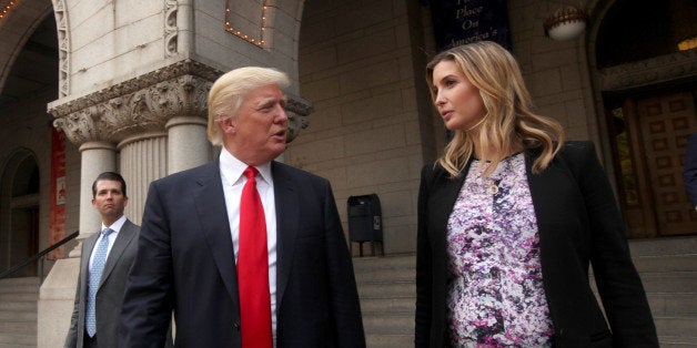 Real estate developer Donald Trump, center, his daughter Ivanka Trump, executive vice president of development and acquisitions at Trump Organization LLC, and his son Donald Trump Jr., left, walk outside the Old Post Office Pavilion following a news conference in Washington, D.C., U.S., on Tuesday, Sept. 10, 2013. The Trumps announced the signing of an agreement with the U.S. government to turn the historic building into a $200 million luxury hotel, according to the Washington Post. Photographer: Julia Schmalz/Bloomberg via Getty Images