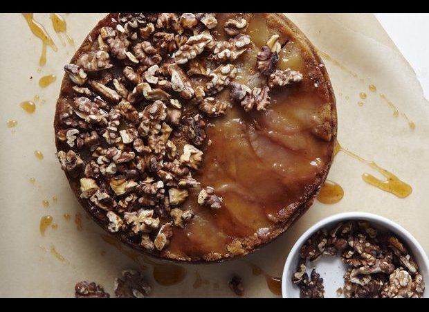 Brown Sugar Apple Upside Down Cake with Apple Cider Caramel and Spiced Walnuts