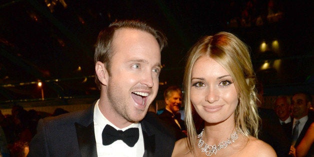 LOS ANGELES, CA - SEPTEMBER 22: Actor Aaron Paul (L) and Lauren Parsekian attend HBO's official Emmy after party at The Plaza at the Pacific Design Center on September 22, 2013 in Los Angeles, California. (Photo by Jeff Kravitz/FilmMagic)