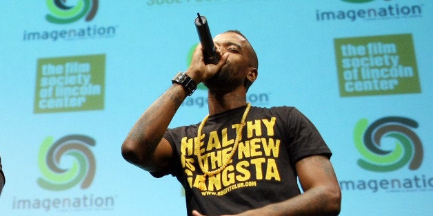 NEW YORK, NY - AUGUST 30: M-1 and Stic.man of Dead Prez perform on stage before the screening of the 'Soul Food Junkies' New York Premiere with performance by Dead Prez at The Film Society of Lincoln Center, Walter Reade Theatre on August 30, 2012 in New York City. (Photo by Neilson Barnard/Getty Images)