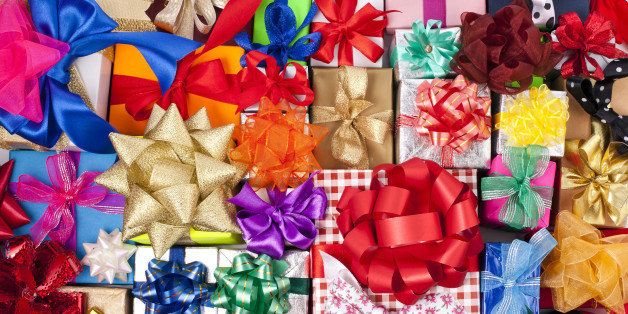 many colorful gift boxes with...