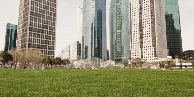 city park with modern building...