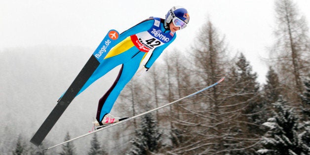 VAL DI FIEMME, ITALY - FEBRUARY 22: (FRANCE OUT) Sarah Hendrickson of the USA in action during the Women's Ski Jumping HS106 at the FIS Nordic World Ski Championships on February 22, 2013 in Val di Fiemme, Italy. (Photo by Christophe Pallot/Agence Zoom/Getty Images)
