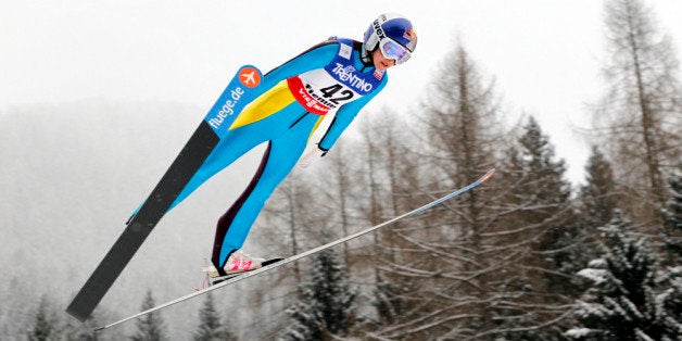 VAL DI FIEMME, ITALY - FEBRUARY 22: (FRANCE OUT) Sarah Hendrickson of the USA in action during the Women's Ski Jumping HS106 at the FIS Nordic World Ski Championships on February 22, 2013 in Val di Fiemme, Italy. (Photo by Christophe Pallot/Agence Zoom/Getty Images)