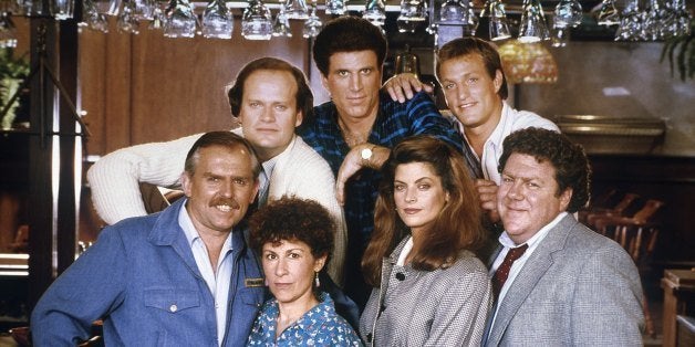 CHEERS -- Pictured: (top) Kelsey Grammer as Dr. Frasier Crane, Ted Danson as Sam Malone, Woody Harrelson as Woody Boyd, (bottom) John Ratzenberger as Cliff Clavin, Rhea Perlman as Carla Lozupone Tortelli LeBec, Kirstie Alley as Rebecca Howe, George Wendt as Norm Peterson-- Photo by: NBCU Photo Bank