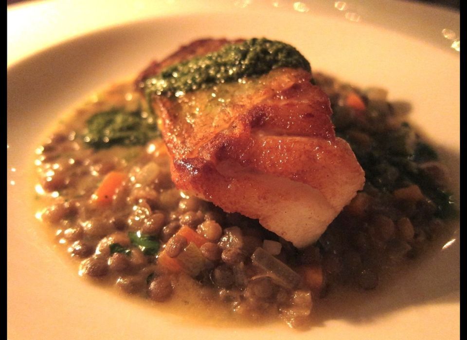 Cod with lentils and salsa verde at Cafe Murano, London