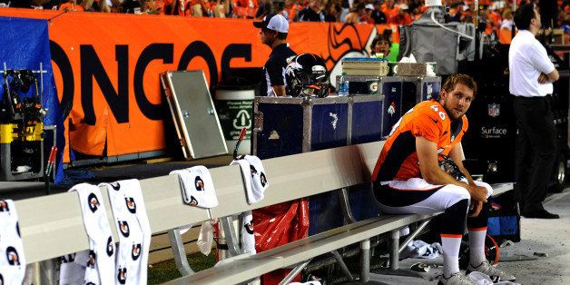 DENVER, CO. - August 29: Aaron Brewer (46) of the Denver Broncos has the bench to himself in the second half of the last pre-season game of the season at Sports Authority Field at Mile High. August 29, 2013 Denver, Colorado. (Photo By Joe Amon/The Denver Post via Getty Images)
