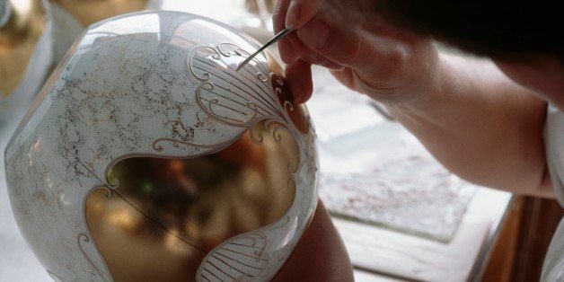 CZECH REPUBLIC - OCTOBER 13: Glass crystal manufacturing during the pictorial decoration phase, Novy Bor, Bohemia, Czech Republic. (Photo by DeAgostini/Getty Images)