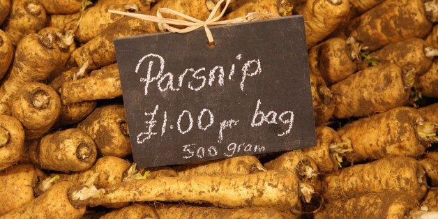 TETBURY, UNITED KINGDOM - MARCH 17: Parsnips are displayed in the Highgrove shop opened by Prince Charles, Prince of Wales