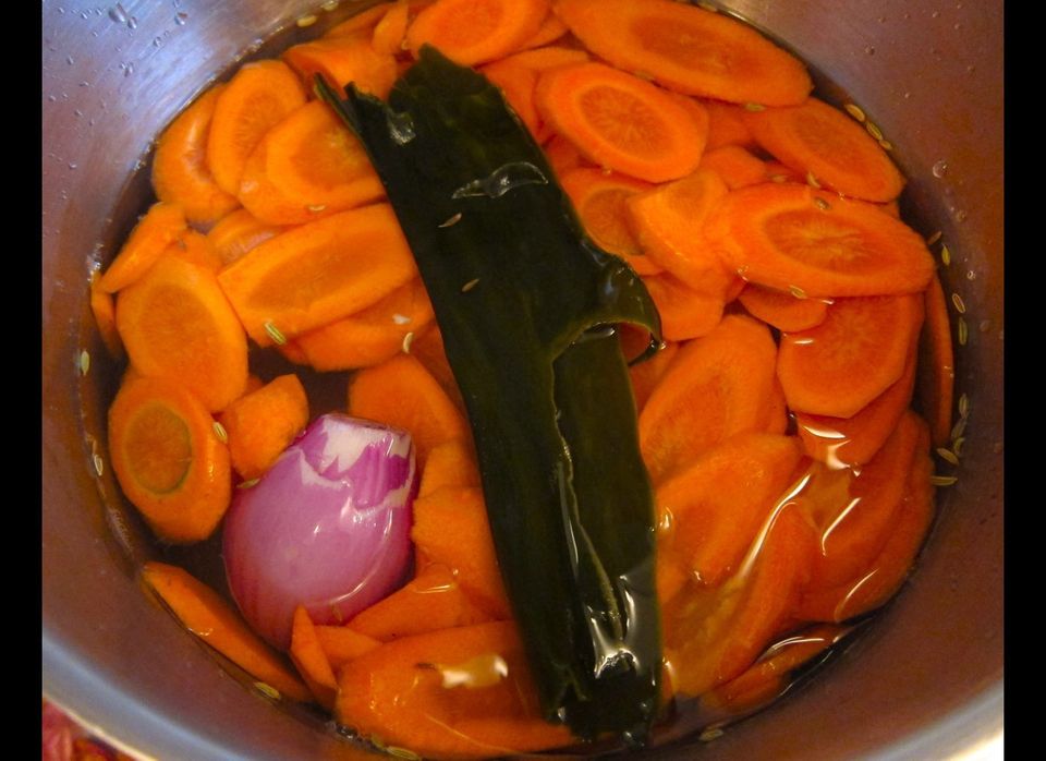 The stock: carrots, a shallot, cumin and fennel - and kombu seaweed for savoriness