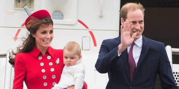 WELLINGTON, WELLINGTON - APRIL 07: Prince William, Duke of Cambridge, Catherine, Duchess of Cambridge and Prince George of Cambridge arrive at Wellington Airport's military terminal for the start of their tour on April 7, 2014 in Wellington, New Zealand. The Duke and Duchess of Cambridge are on a three-week tour of Australia and New Zealand, the first official trip overseas with their son, Prince George of Cambridge. (Photo by Samir Hussein/WireImage)