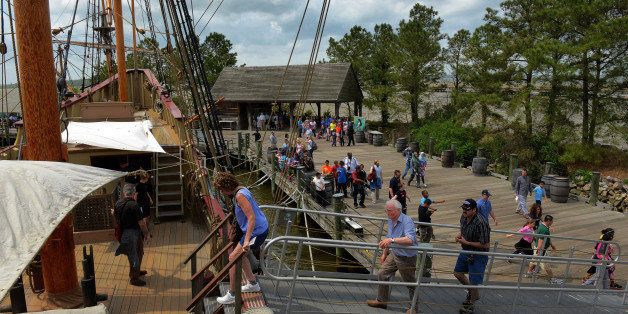 WILLIAMSBURG, VA - APRIL 18:Tourists board the Susan Constant for a taste of colonial era seamanship at Jamestown Settlement during a visit for our travel story on April, 18, 2013 in Williamsburg, VA.(Photo by Bill O'Leary/The Washington Post via Getty Images)
