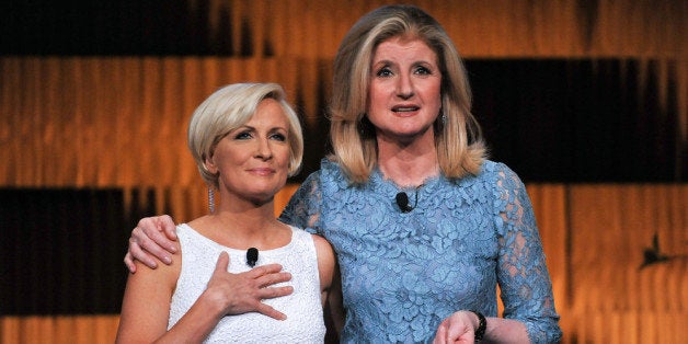 NEW YORK, NY - APRIL 25: (EXCLUSIVE COVERAGE) Mika Brzezinski (L) and Arianna Huffington attend THRIVE: A Third Metric Live Event at New York City Center on April 25, 2014 in New York City. (Photo by D Dipasupil/Getty Images)