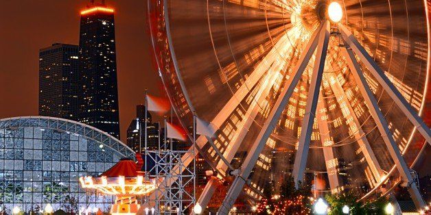 [UNVERIFIED CONTENT] Photo of the Navy Pier Ferris Wheel at night. Saturated colors and an orange colored sky make this image interesting.