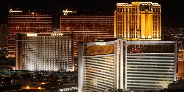 LAS VEGAS - MARCH 28: A view of the Las Vegas Strip, including the Encore Las Vegas, Wynn Las Vegas, Treasure Island Hotel & Casino, Mirage Hotel & Casino and the Venetian, seen before Earth Hour from the Voodoo Lounge at the Rio Hotel & Casino March 28, 2009 in Las Vegas, Nevada. Hotel-casinos in Las Vegas turned off marquees and non-essential exterior lighting to participate in Earth Hour, a global initiative by the World Wildlife Fund to focus attention on the threat of climate change. (Photo by Ethan Miller/Getty Images)