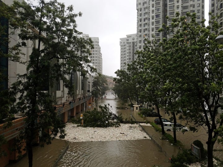 Foam brought by high waves is seen washed ashore in Heng Fa Chuen, a residential area near Hong Kong's waterfront, during Typhoon Mangkhut.