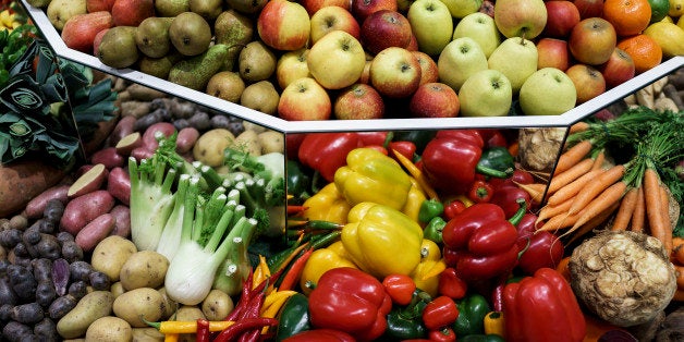 BERLIN, GERMANY - JANUARY 20: Diverse types of fruits like pears, apples, tangerines and lemons and vegetables like carrots, celery, beetroot, peppers, peperonie, potatoes, fennel, are displayed in a showcase at a stand at the Gruene Woche agricultural trade fair on January 20, 2014 in Berlin, Germany. The Gruene Woche is the world's largest agricultural trade fair and is open to the public until January 26. (Photo by Carsten Koall/Getty Images)