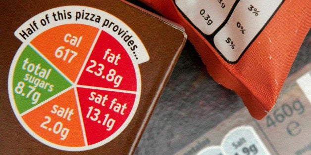 A range of labelling on packages including (left) a pizza box from Sainsbury's with the traffic light system label and other examples of contrasting new supermarket food labelling, showing consumers how healthy the food is contained in the packaging.