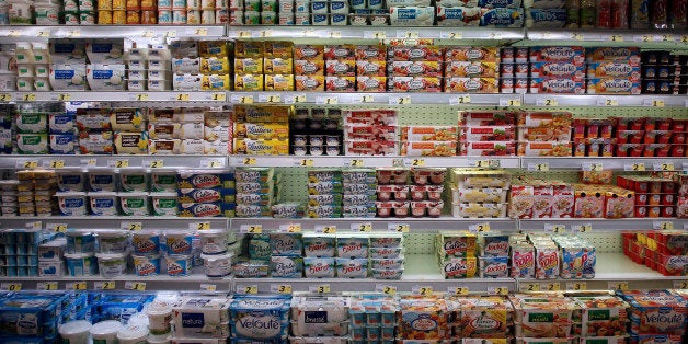 Yogurts are displayed at a supermarket in Herouville Saint-Clair, northwestern France, on February 26, 2013. AFP PHOTO/CHARLY TRIBALLEAU. (Photo credit should read CHARLY TRIBALLEAU/AFP/Getty Images)