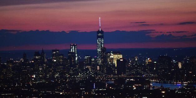 Manhattan skyline is pictured from a helicopter ferrying media traveling with US President Barack Obama in New York on July 17, 2014. AFP PHOTO/Jewel Samad (Photo credit should read JEWEL SAMAD/AFP/Getty Images)