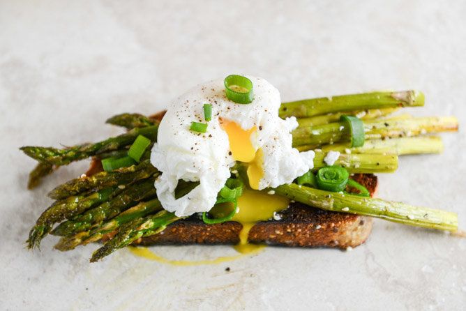 Roasted Sesame Asparagus Toasts With Poached Eggs