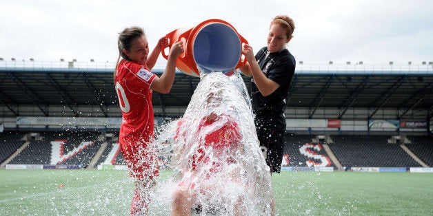 WIDNES, ENGLAND - AUGUST 24: Gemma Davison of Liverpool Ladies takes part in the 'Ice Bucket Challenge' after the FAWSL match between Liverpool Ladies and Notts County Ladies at Select Security Stadium on August 24, 2014 in Widnes, England. (Photo by Anna Gowthorpe/The FA via Getty Images)