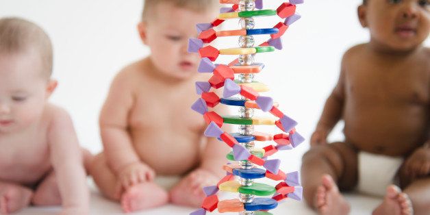 Babies sitting with DNA helix