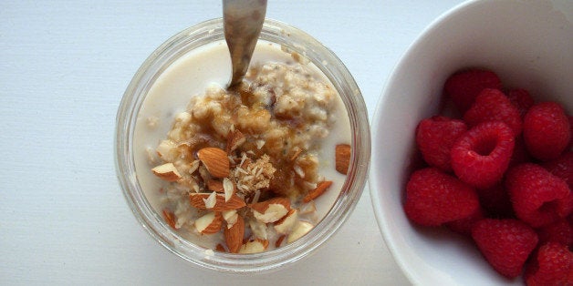 Serving oatmeal in a pretty old jar seems to elevate the whole experience.This batch: oats, flame raisins, chia seeds, chopped raw almonds, chopped raw pistachio (burried), almond milk, cinnamon, brown sugar.