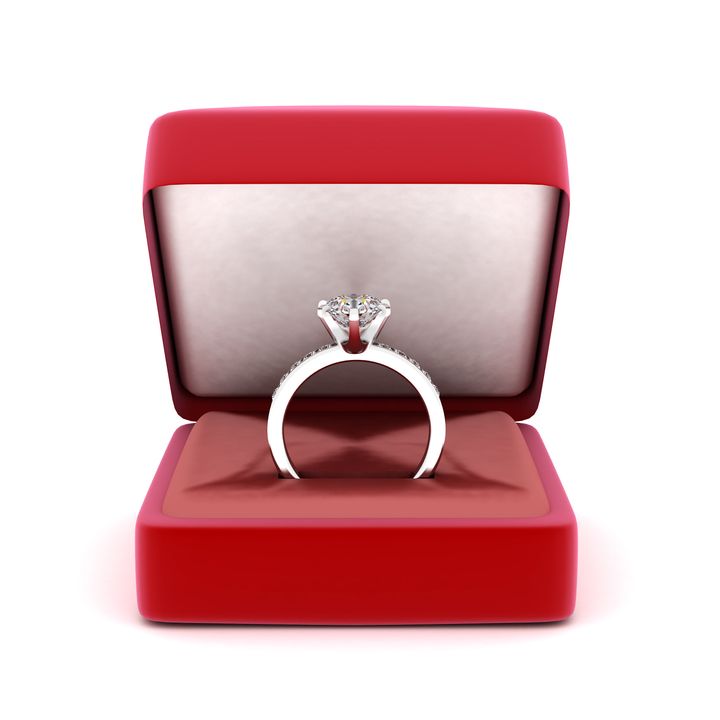 image of wedding rings in a gift box on white background