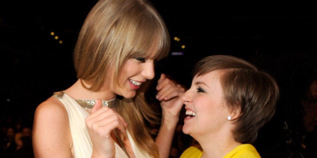 LOS ANGELES, CA - FEBRUARY 10: Taylor Swift and Lena Dunham attend the 55th Annual GRAMMY Awards at STAPLES Center on February 10, 2013 in Los Angeles, California. (Photo by Kevin Mazur/WireImage)