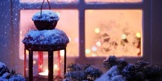 christmas lantern with snowfall ...