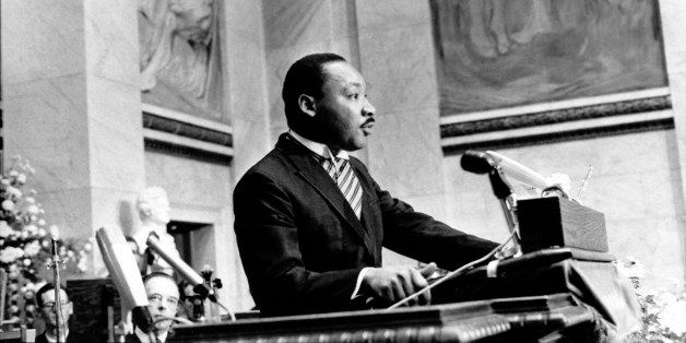 The Rev. Martin Luther King Jr., delivers his Nobel Peace Prize acceptance speech in the auditorium of Oslo University in Norway on Dec. 10, 1964. King, the youngest person to receive the Nobel Peace prize, is recognized for his leadership in the American civil rights movement and for advocating non violence. (AP Photo)