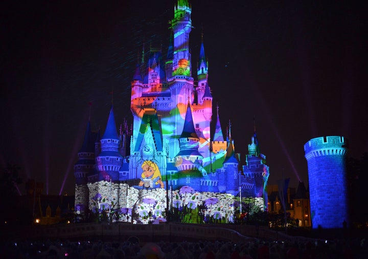 Images of Disney characters are projeted on the Cinderella castle at a press preview of the new attraction 'Once upon a time' at Tokyo Disneyland in Urayasu, suburban Tokyo on May 26, 2014. Disney theme park will start the new attraction using projection mapping from May 29. AFP PHOTO / Yoshikazu TSUNO (Photo credit should read YOSHIKAZU TSUNO/AFP/Getty Images)