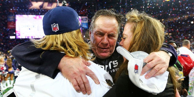 GLENDALE, AZ - FEBRUARY 01: Head coach Bill Belichick of the New England Patriots celebrates after defeating the Seattle Seahawks 28-24 during Super Bowl XLIX at University of Phoenix Stadium on February 1, 2015 in Glendale, Arizona. (Photo by Elsa/Getty Images)