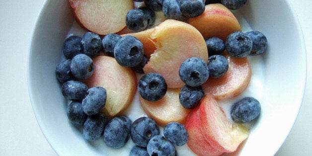 blueberries, doughnut peach, yogurt