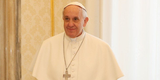 VATICAN CITY, VATICAN - FEBRUARY 16: Pope Francis attends a meeting with King of Tonga Aho'eitu Unuaki'otonga Tuku'aho Tupou VI at the Apostolic Palace on February 16, 2015 in Vatican City, Vatican. During the last Consistory held at Vatican on Saturday Pope Francis appointed as cardinal Tongan Bishop Soane Patita Paini Mafi. (Photo by Vatican Pool/Getty Images)