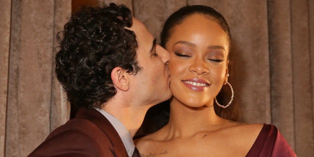 NEW YORK, NY - FEBRUARY 16: Designer Zac Posen (L) and singer Rihanna pose backstage before the Zac Posen fashion show at Vanderbilt Hall at Grand Central Terminal on February 16, 2015 in New York City. (Photo by Chelsea Lauren/Getty Images)