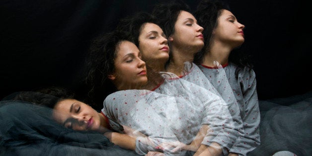 Multiple exposure of sleeping girl getting up