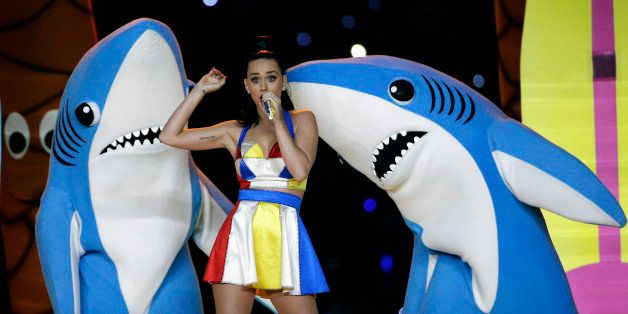 FILE - In this Feb. 1, 2015, file photo, singer Katy Perry performs during halftime of the NFL Super Bowl XLIX football game in Glendale, Ariz. The dancing sharks that stole some of the spotlight during Perry's Super Bowl halftime show have taken a bite out of an artist's bid to sell small figurines of them. (AP Photo/David J. Phillip, File)