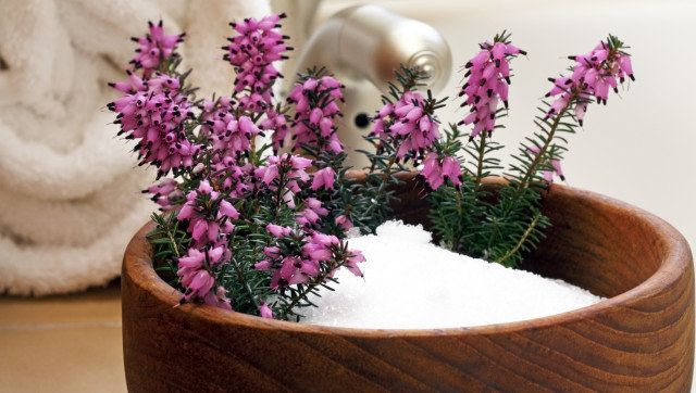Pretty heather flowers in a bowl of Epsom salts on a bath tub edge ready to bathe.