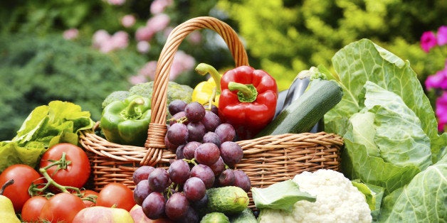 Fresh organic vegetables in wicker basket in the garden