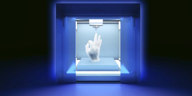 rendered illustration of electronic three dimensional plastic printer on dark blue background, printing model of hand.