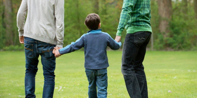 Rear view of a boy walking with two men in a park