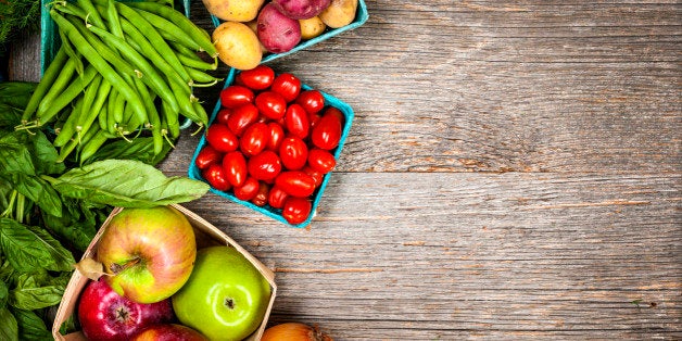 Fresh farmers market fruit and vegetable from above with copy space