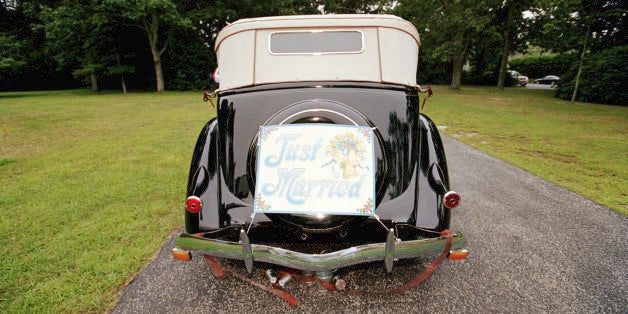 Vintage car with 'Just Married ' sign, rear view