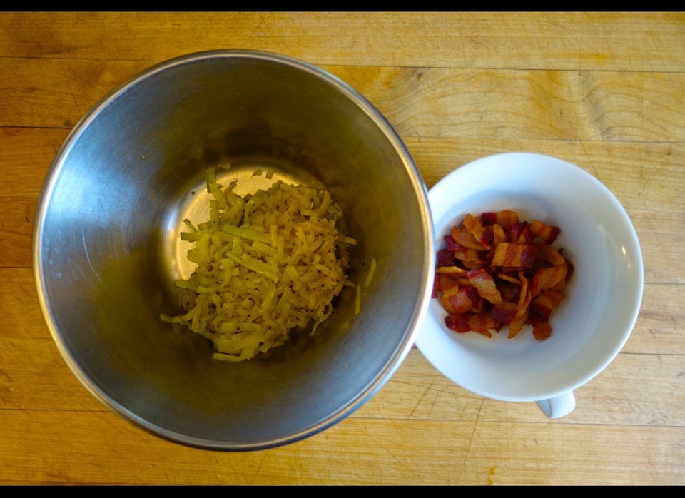 Bacon and a leek, cooked and cooling