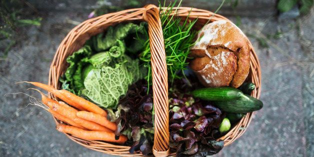 Freshly harvested vegetable and food in a vintage basket