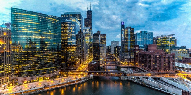 Beautiful blue hour sunset view of downtown Chicago and the river.